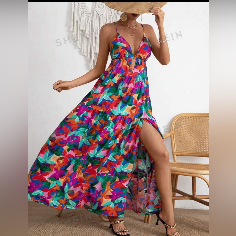 SHEIN Multicolor Tropical Print Maxi Dress - Green, Purple, Orange, Pink, Blue - Picture 2 of 6
